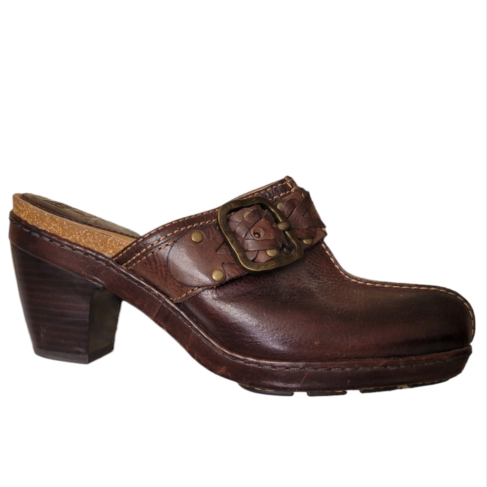*near new* Frye Leather Candice Woven Clog Heel Brown Women's Size 8.5 Buckle